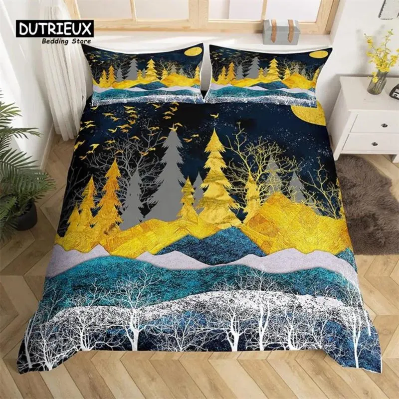 Ensembles de literie Housse de couette de montagne abstraite Paysage naturel Art King Ensemble pour amoureux de la nature Cadeau Forêt Randonnée Aventure Couette