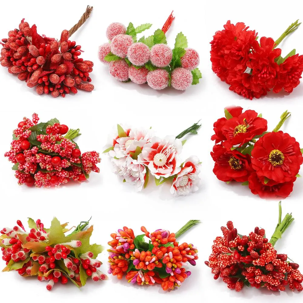 10pcs Mixed Hybrid Flower Cherry Stamens Berries Bundle Fake Wheat Ears DIY Cake Christmas Wedding Gift Box Wreaths Decoration