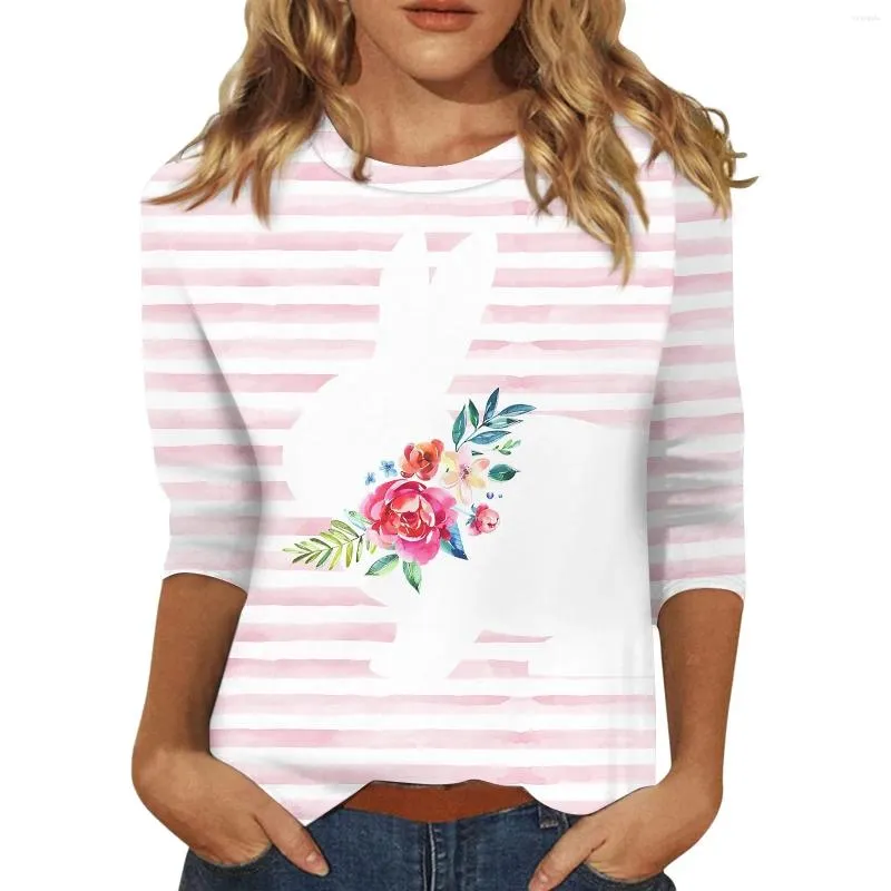 Camisetas para mujer, camiseta de gran tamaño, moda única, blusa estampada de Pascua para mujer, cuello redondo 2024, mangas 3/4 con estampados, Camisas