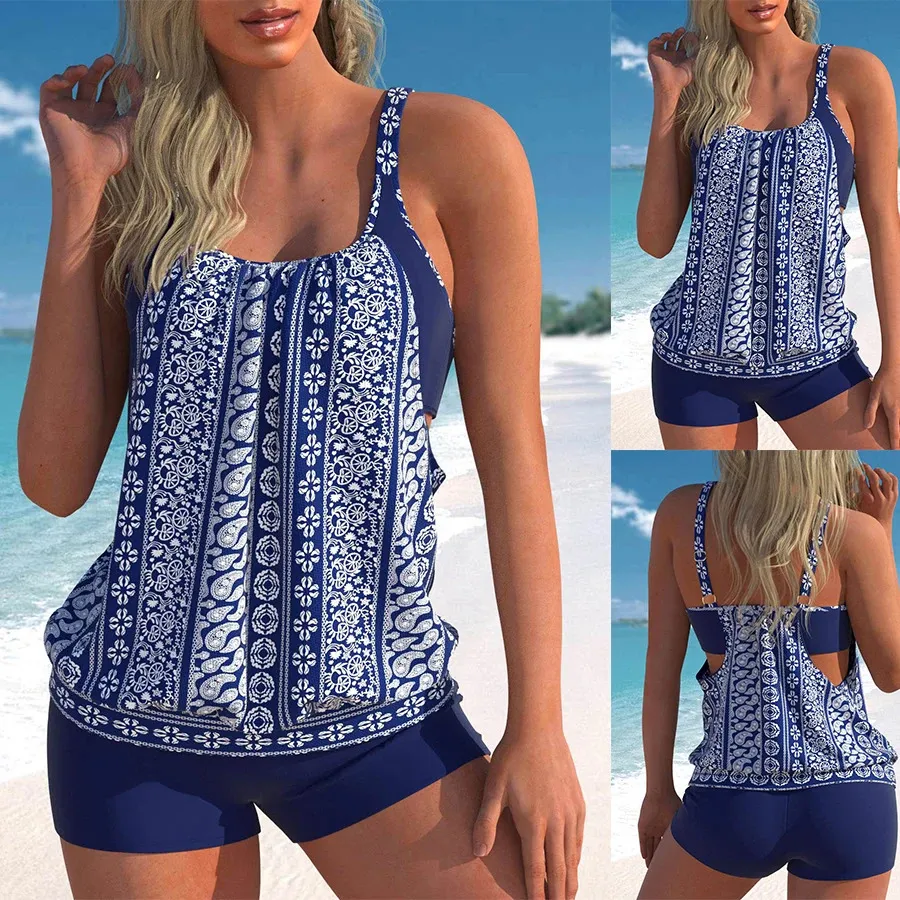 Sommer Damen Tiefblauer Vintage Blumendruck Zweiteiliger Badeanzug Schnürung Hohl Sexy Strand S6XL 240318