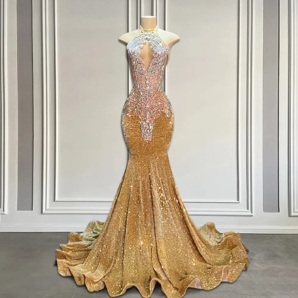 Champagne Ruched Sparkling Crystal Halter Party Dress Champagne Ruched Sparkling Crystal Halter Party Dress