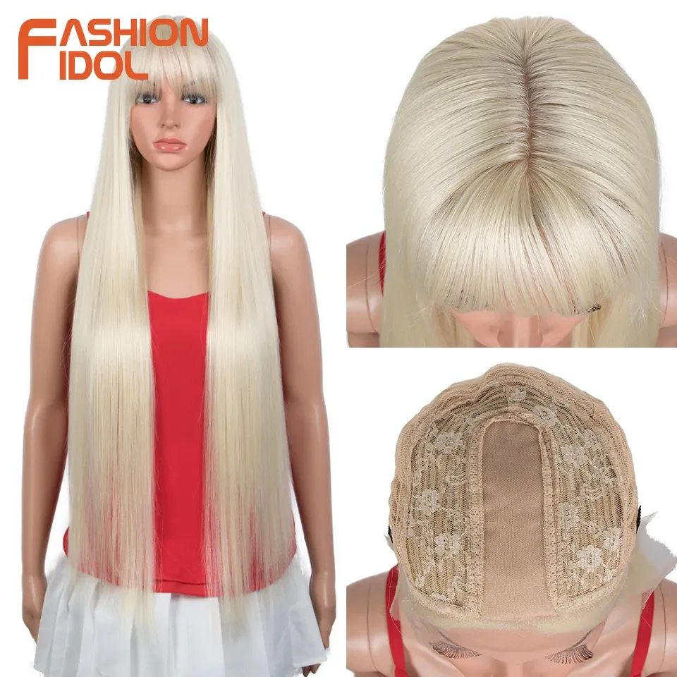 Wigs FASHION IDOL 3236 Inch Long Straight Non Lace Wigs For Women High Temperature Fiber Ombre 613 Cosplay Wigs Synthetic Hair Bangs