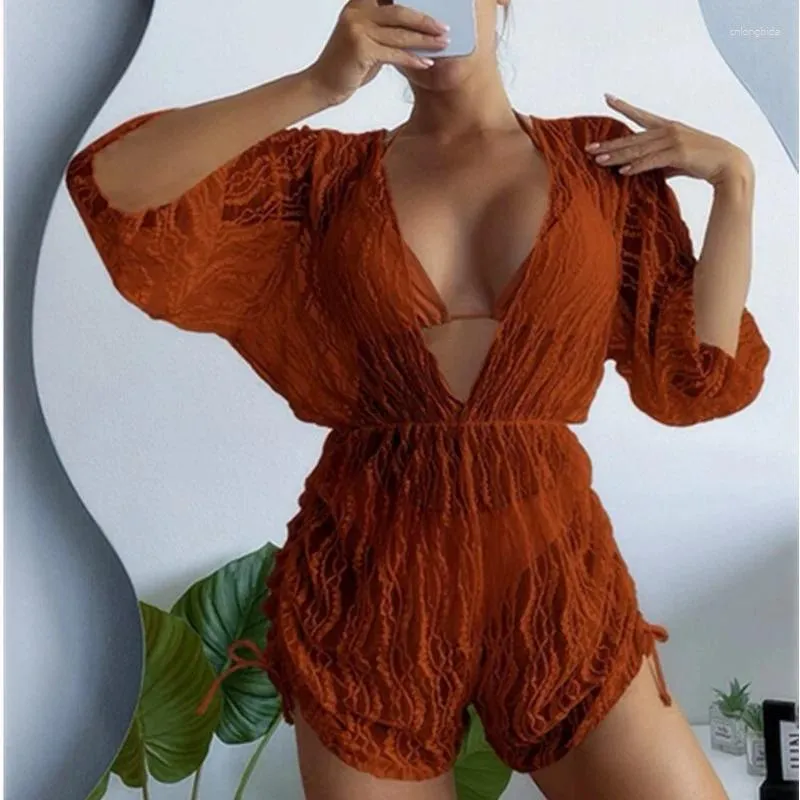 Traje de baño para mujer Conjunto de 3 piezas Traje de baño de playa Encubrimientos Mangas cortas Vestido de bikini sólido para mujer Traje de baño con cuello en V de verano