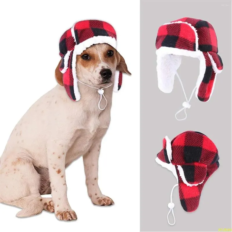 Abbigliamento per cani ATUBAN Cappello natalizio con paraorecchie Cappellino scozzese rosso regolabile per animali domestici Copricapo natalizio per cani di taglia piccola, media e grande