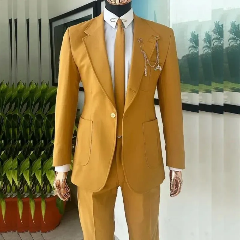 Ternos masculinos elegantes blazer amarelo roupas masculinas notch lapela único breasted magro traje homme 2 peça jaqueta calças conjunto de roupas de casamento