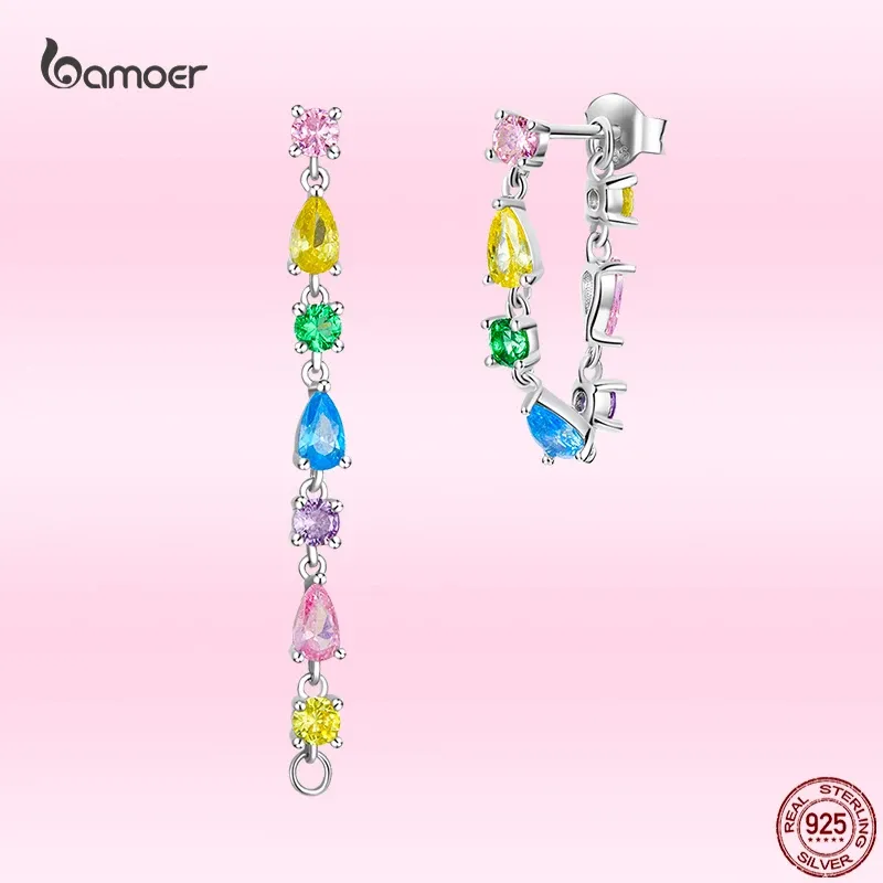 Шарм Bamoer Fashion Color Tassel Серьги для женщин на 100% стерлинговые кубические цветные уши циркона красивые свадебные украшения