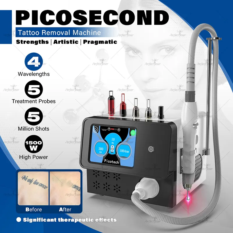 CE تمت الموافقة عليه 755NM Probe Pico الثاني ليزر إزالة الوشم PicoSecond Machine 2000mj 5 ملايين لقطات 1-10 مم حجم البقعة 4 أطوال موجية جميع أنواع البشرة