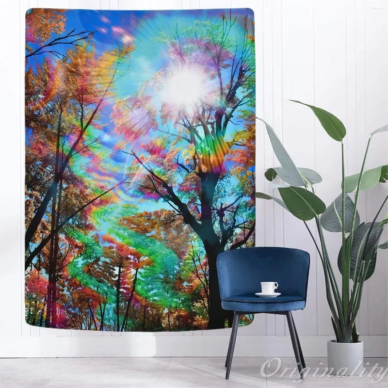 Tapeçarias árvores coloridas tapeçaria floresta boêmia pôr do sol pendurado na parede para o quarto