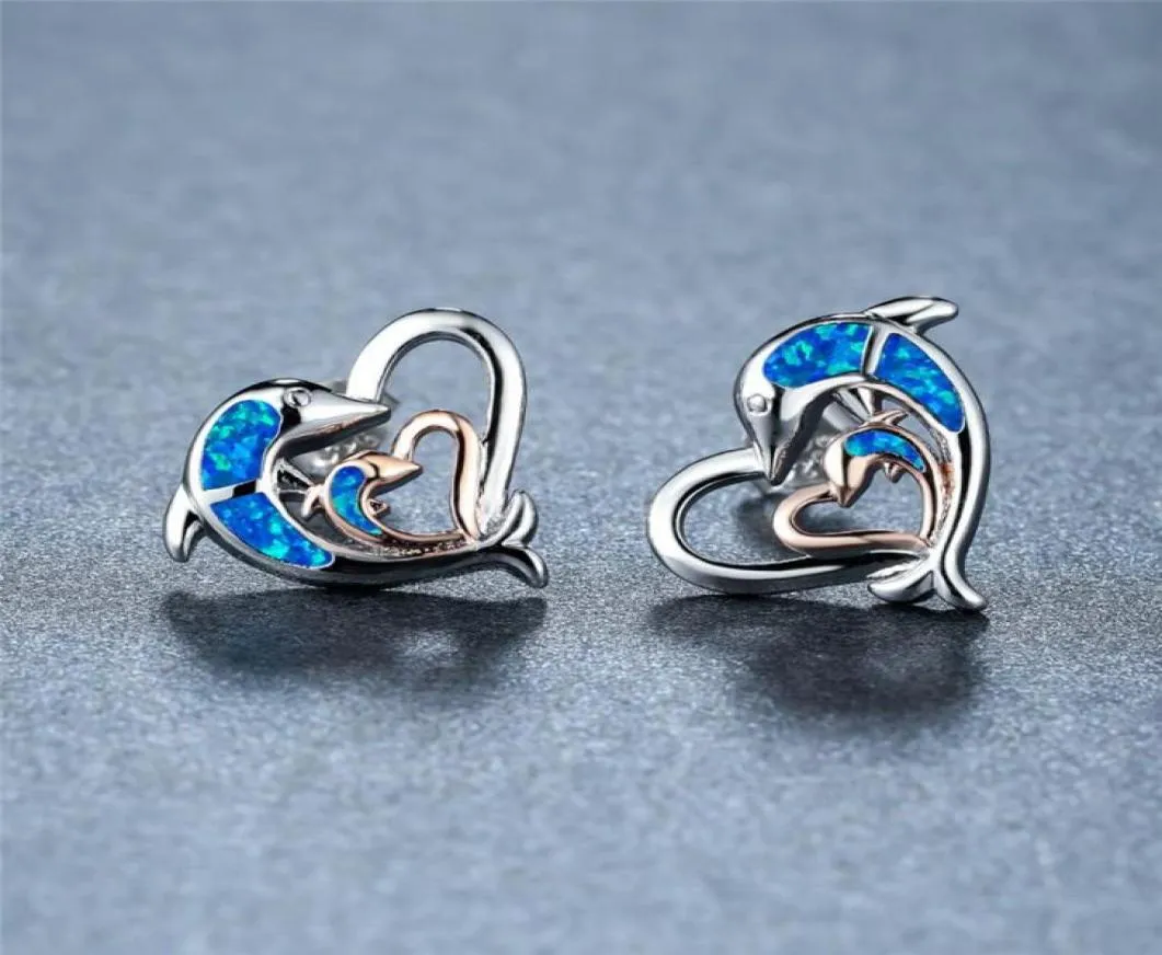 Stud Blue Opal Love Heart Wedding Earrings Cute Animal Double Dolphin Classic Rose Gold Silver Color For Women1886009