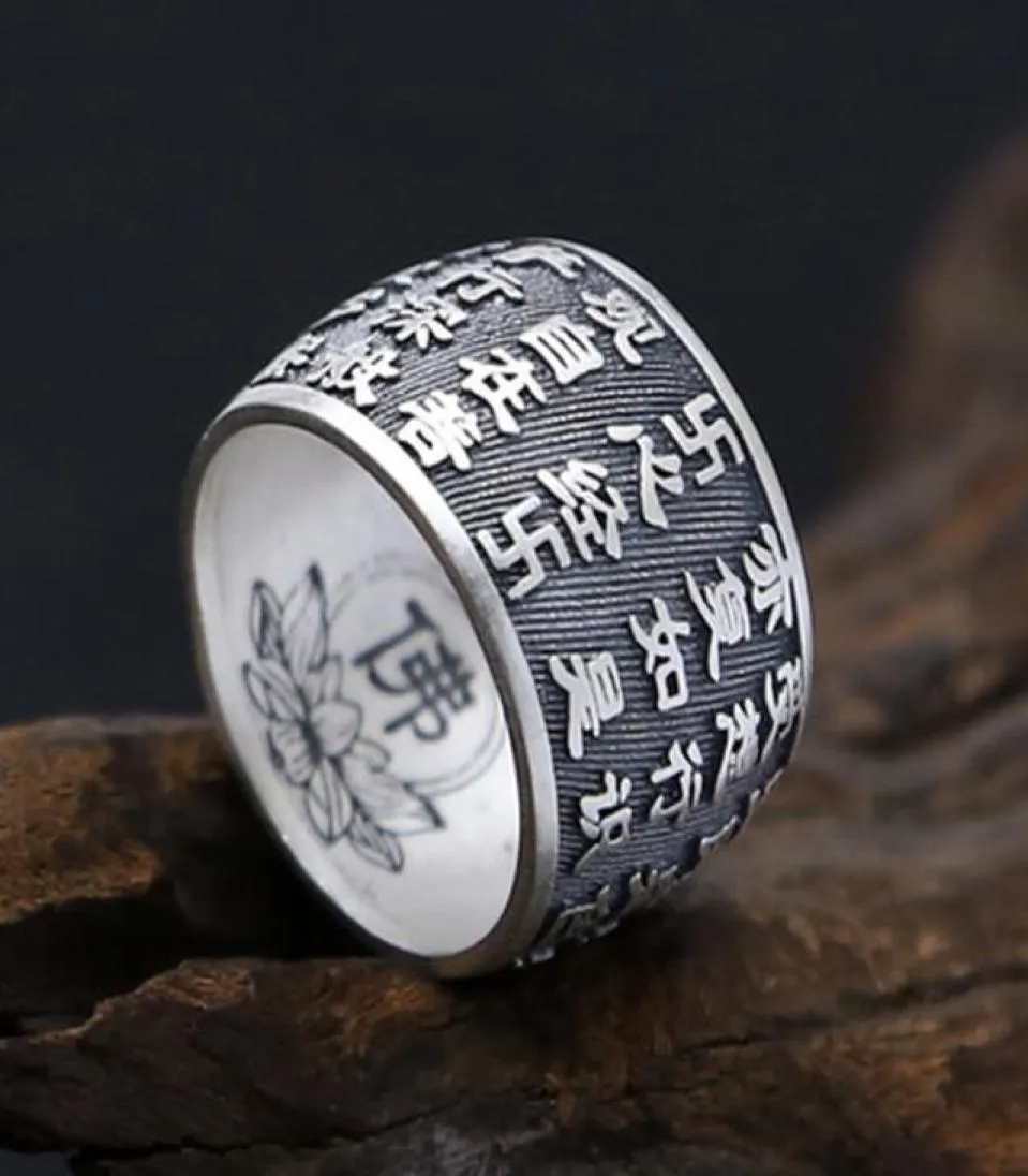 999 Sterling Silver Buddhist Heart Sutra Ring for Men Women Buddha Ring Vintage jewelry4492388