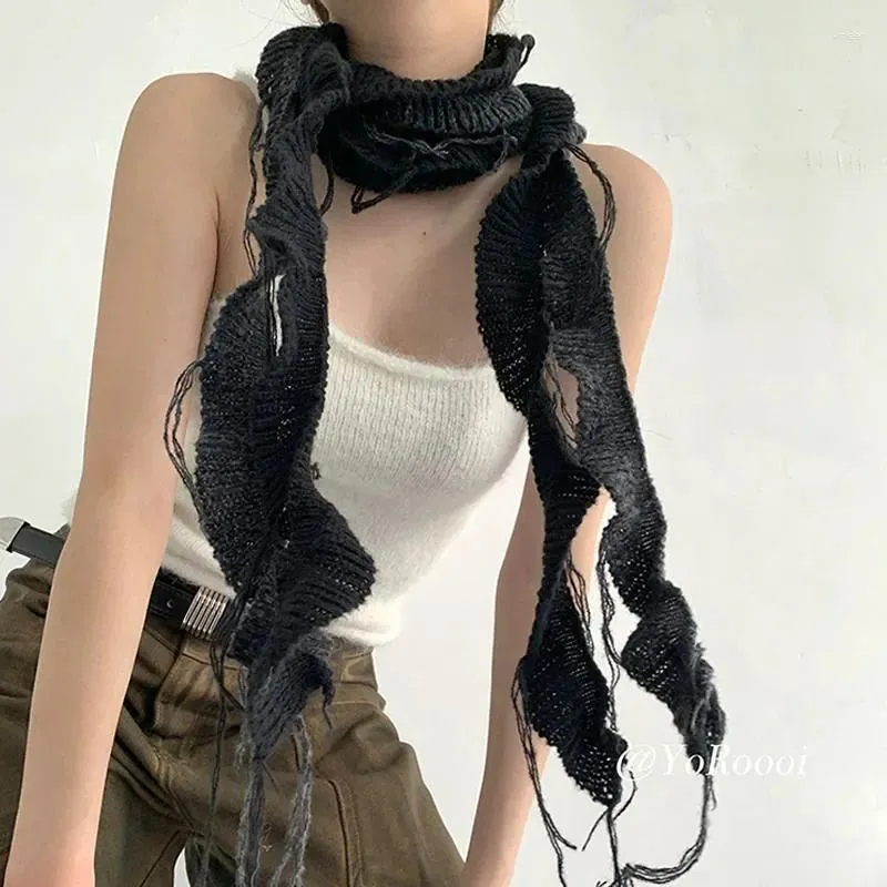 스카프 삽입 한국 y2k 긴 얇은 스카프 여성 불규칙한 술 니트 디자인 장식 좁은 매운 여자 작은