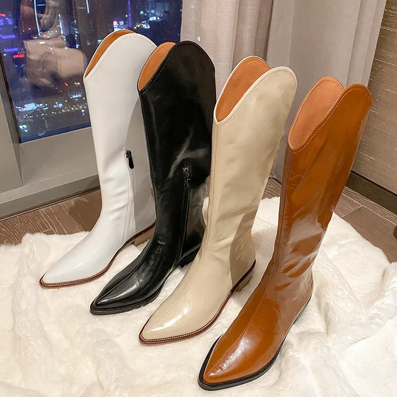 Stivali Brand Western Cowboy Boots Donne Donsuli da ginocchiere da ginocchiere da ginocchiere da donna con stivali bianchi puntati stivali da cavaliere