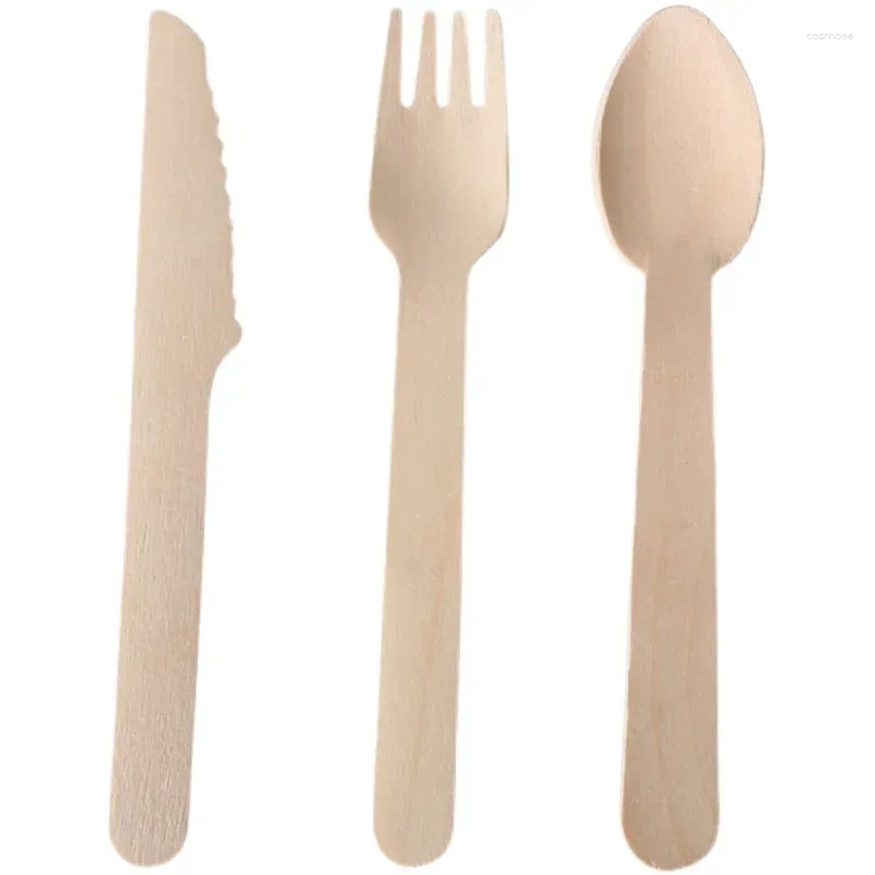 Disposable Flatware 100pcs Wooden Cutlery Fork Spoon Knives Party Supplies Kitchen Utensil Dessert Packing 16cm Tableware