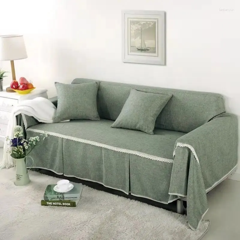 Stol täcker 1/2/3/4-sits soffa täckning för vardagsrum med fast färg spetsar handduk all-inclusive damm sofflippning