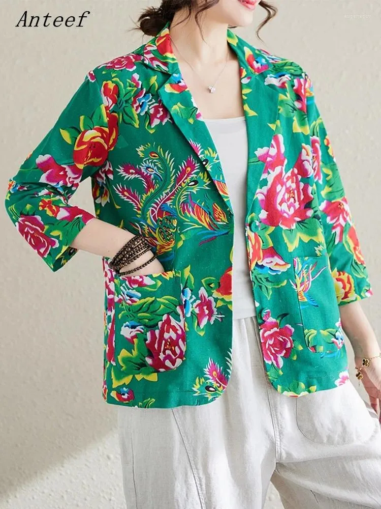 Frauen Anzüge Übergroßen Baumwolle Leinen Vintage Floral Frau Kausal Lose Sommer Blazer Jacken Für Frauen 2024 Kleidung Mantel