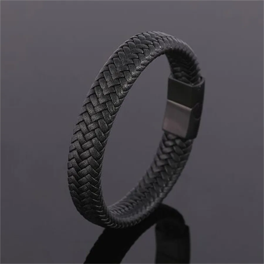 Classic Men Jewelry Genuine Leather Bracelets Titanium Black Rope Steel Magnetic Clasp Bracelets Wristband for Male Jewelry Gift AB74