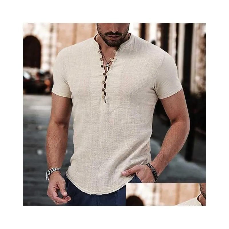 Men'S Casual Shirts Mens Linen Shirt Summer Henley Black White Wine Short Sleeve Plain V Neck Daily Clothing Drop Delivery Apparel Dh8Ad