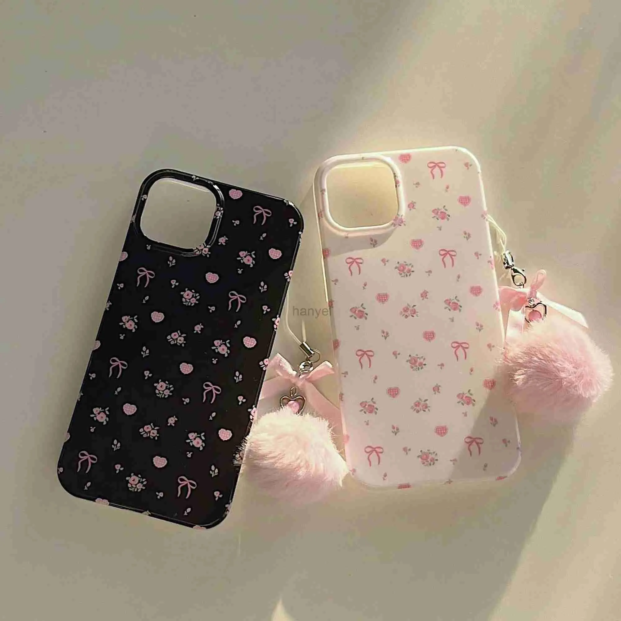 Étuis de téléphone portable Ins Mignon fleur rose en peluche arc imd étui de téléphone antichoc pour iphone 14 pro max 11 12 13 15 couverture arrière de dessin animé promax 2442