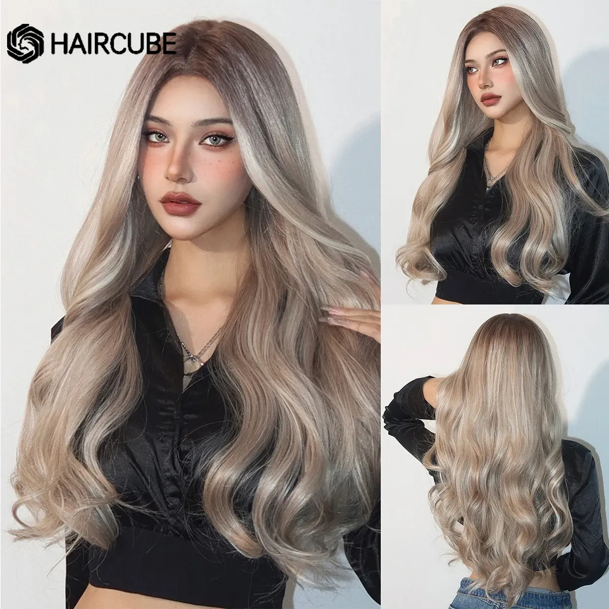 Wigs HAIRCUBE White Platinum Mixed Brown Synthetic Wigs Long Wavy Natural Hair Wigs for Women Middle Part Daily Heat Resistant Wigs