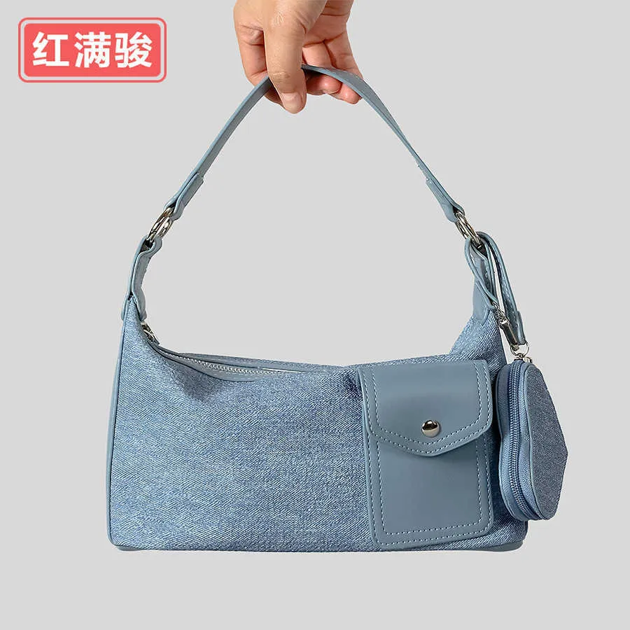 Koreaanse versie denim onderarmtas voor vrouwen, eenvoudige en veelzijdige enkele schoudertas, crossbody tas, niche design handtas 240402