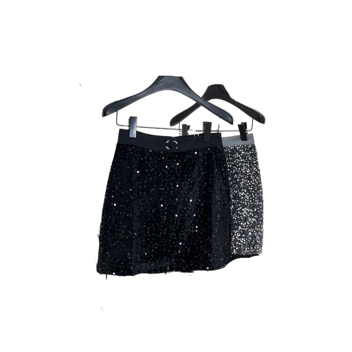 New women high waist a-line elastic rhinestone logo patched velvet fabric paillette sequined desinger short skirt SMLXL