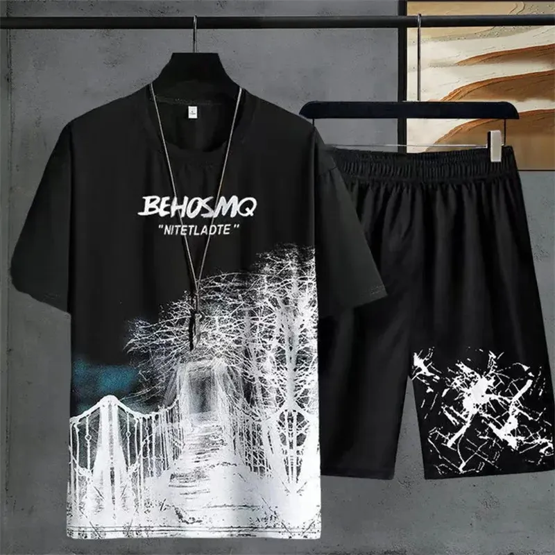 Summer męskie dwupoziomowe set Gradient Casual Tshirt and Shorts Sets Men Sports Suit Fashion Short Sleeve Tracksuit Pullover 240325