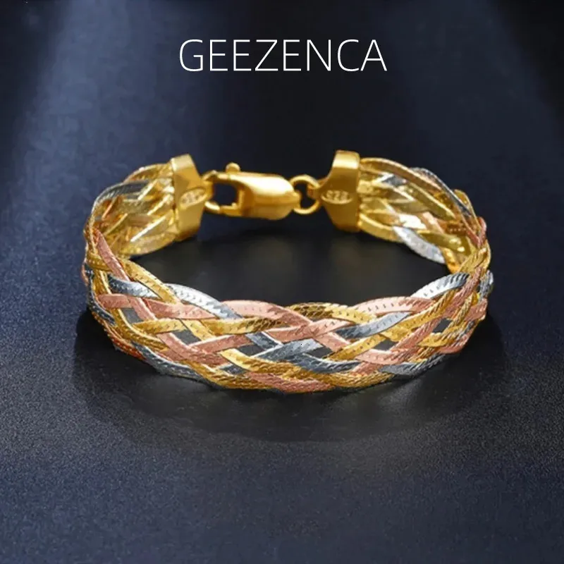 Real 925 Sterling Silver Three Color Gold Plated Multi Threads Woven Bracelets For Women Italian Jewelry Trendy Luxury Bracelets 240320