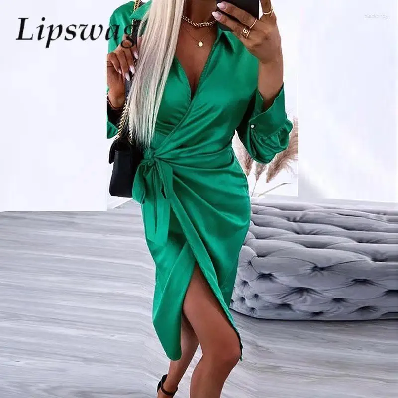 Casual Dresses Office Lady Elegant Side Tie-up Wrap Mid Dress Sexig V Neck Solid Satin Slit Party Women mode långärmad skjorta