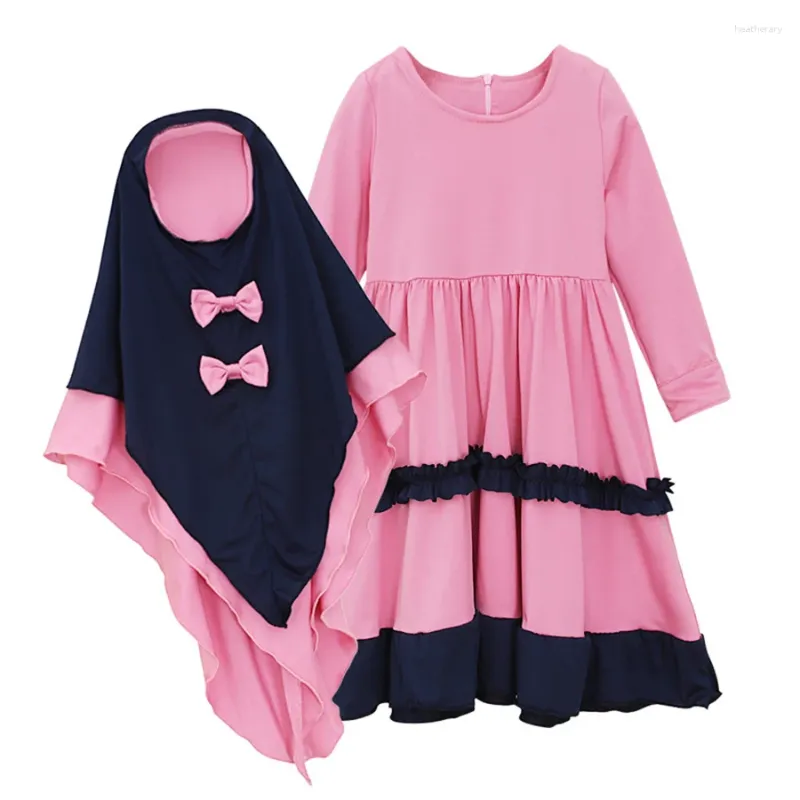 Abbigliamento etnico Rosa Bambini Abaya Ramadan Turchia Musulmano Primavera Hijab Maxi vestito Set Bambini Islam Eid Robe Abiti Ragazze Preghiera Caftano