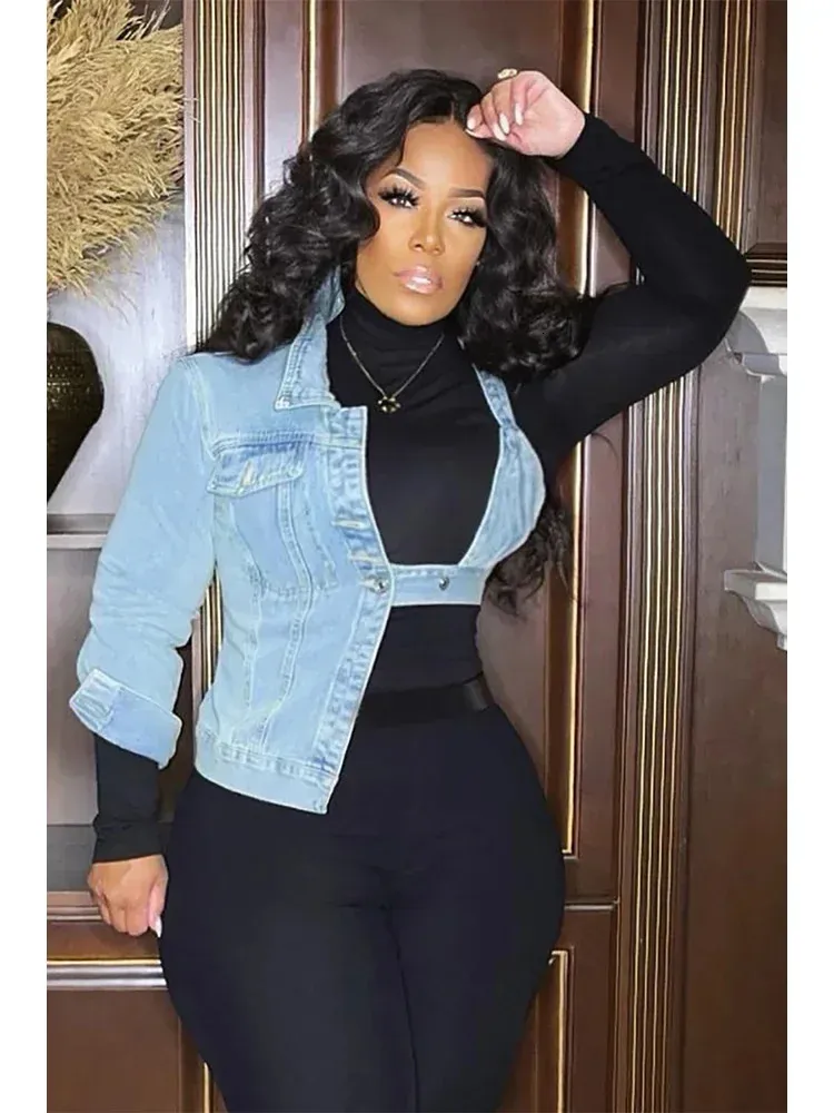 Mode vovelty denim jackor en axel sexig casual streetwear plus size blu bh jacka outwear vintage höst topps 240322