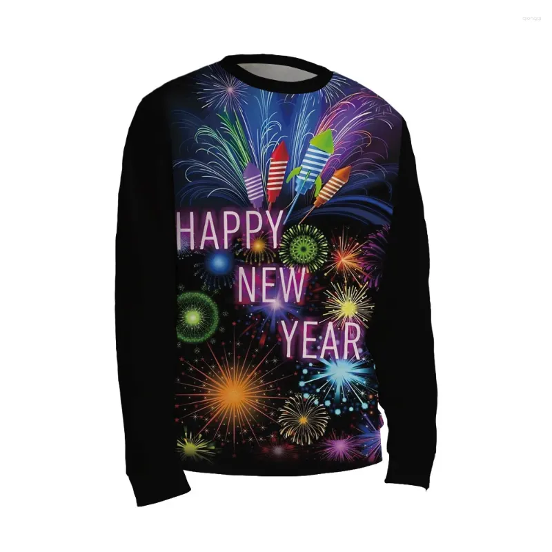 Herren-Kapuzenpullover, buntes Feuerwerk, frohes Jahr, Sweatshirt, 3D-gedruckt, langärmelig, Rundhalsausschnitt, Pull-on-Pullover, Unisex-Kleidung
