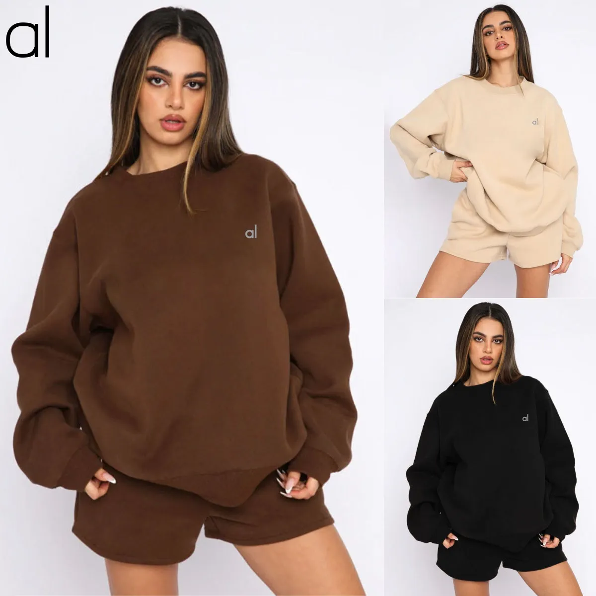 AL-94 Neues 3D-Logo Rundhals Langarm Fitness Yoga Sweatshirt Top + Shorts Set Hoodie Damenmode Casual Shorts Set