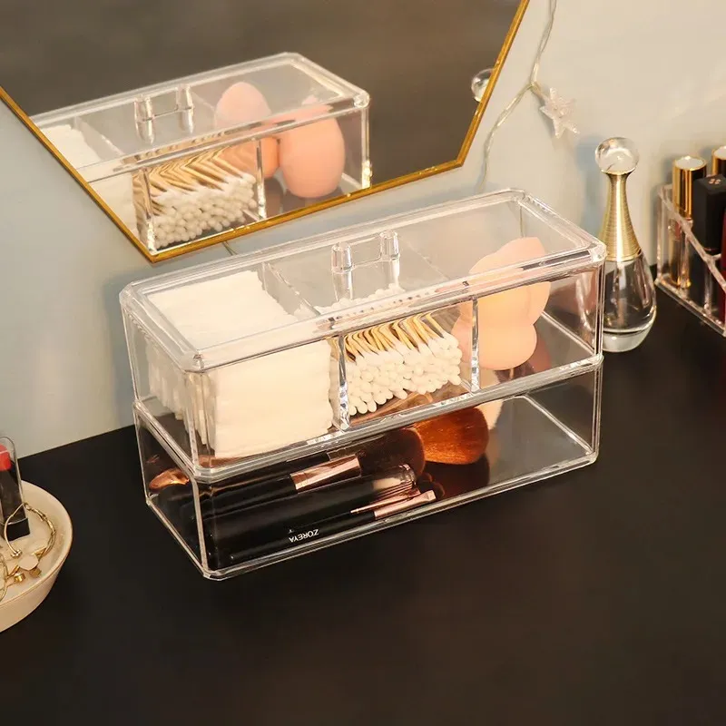 Cotton Pads Holder Organizer 3-Grid Cosmetic Pads Storage Box with Lid Acrylic Makeup Brush Holder Dispenser Transparent Cotton