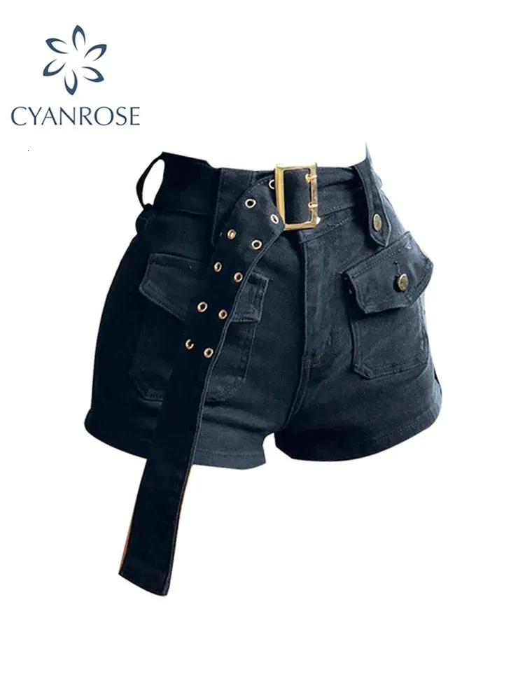 Vintage dames denim shorts met hoge taille Y2k casual jeans cargobroek gotische zwarte korte jeans met riem zomer 240320