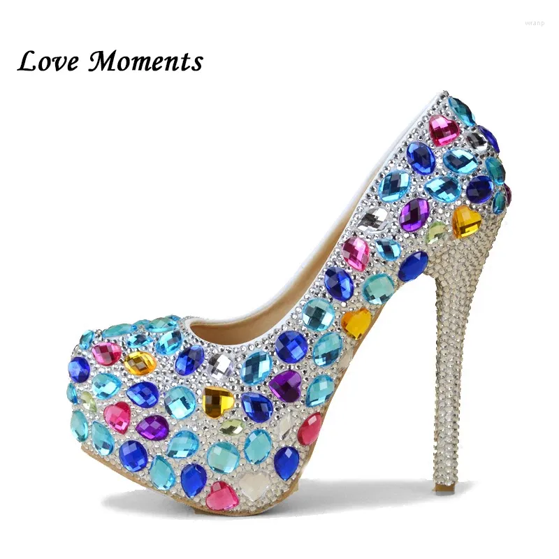 Robe Chaussures Love Moments Bleu Strass Mariée Femmes Ultra Haute Talons Plateforme Bout Rond Bouche Peu Profonde Performance