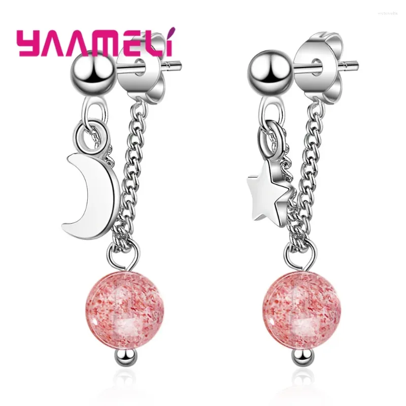 Dingle örhängen koreanska smycken Strawberry Crystal dingling droppe för kvinnor 925 Sterling Silver Long Tassel Chain Moon Oorbellen