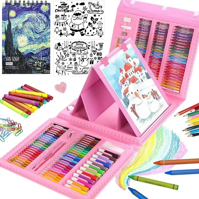 Kits de arte para crianças, 208 peças, kit de arte de desenho com dupla face, três dobras, suprimentos de pintura, inclui pastéis a óleo 240318