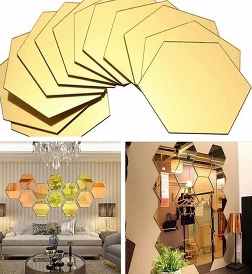 12Pcs Regular Hexagon Honeycomb Decorative 3D Mirror Wall Stickers Living Room Bedroom Poster Home Decor Room Decoration2968447