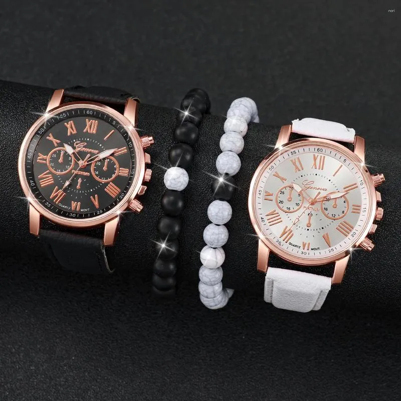 Wristwatches 4PCS/Set Geneva Couple Watch Women's Casual Leather Strap Quartz Beaded Bracelet Set