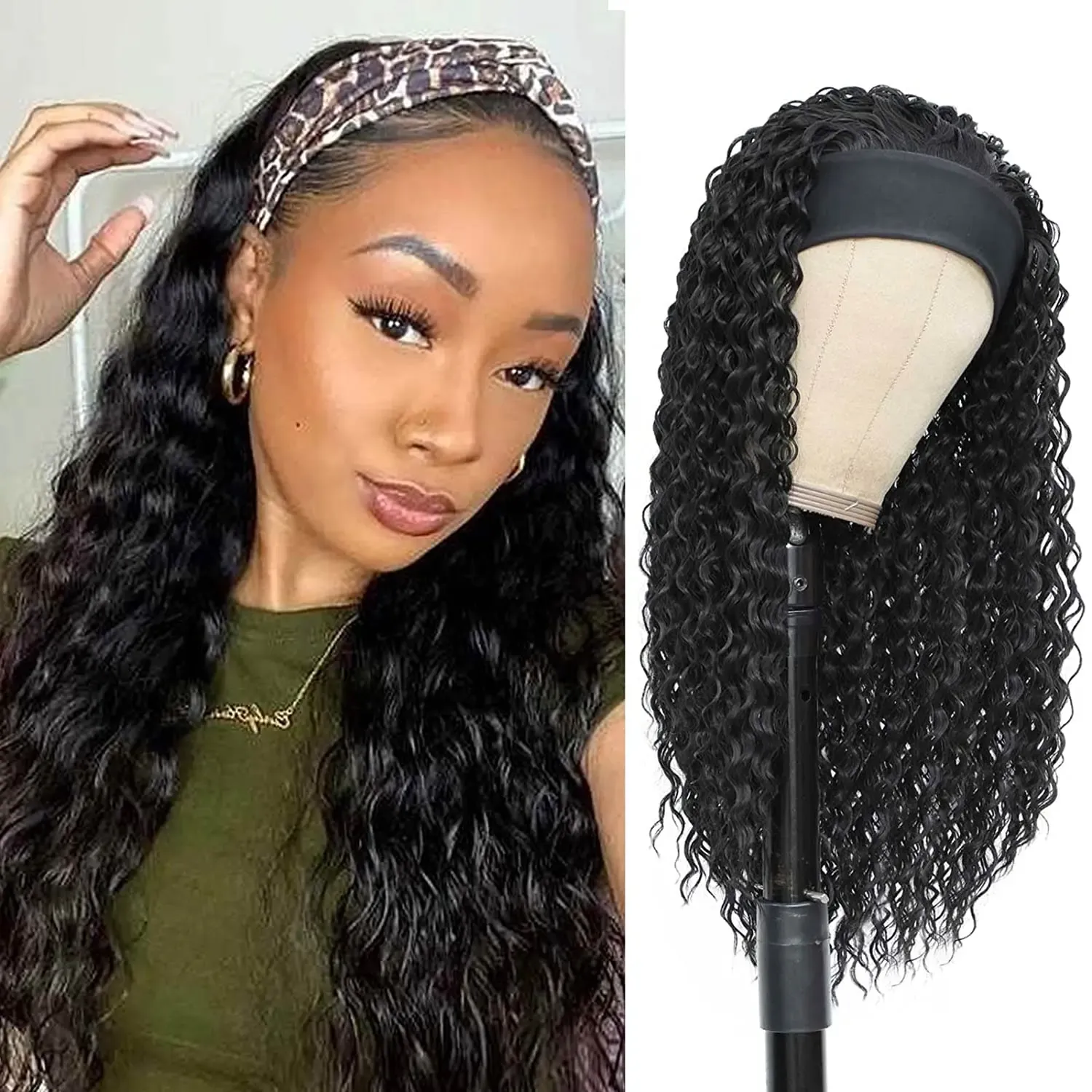 Wigs Headband Wig Synthetic Water Wave Headband Wigs for Black Women Deep Wavy Wigs with Headbands Attached Glueless Black Half Wig