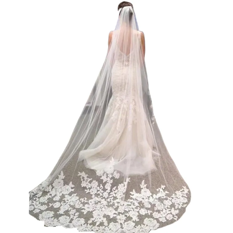 Chapel Length Bridal Veils With Comb Lace Appliqued Ivory White 2 Meters Tulle One Layer Wedding Headpieces Accessories