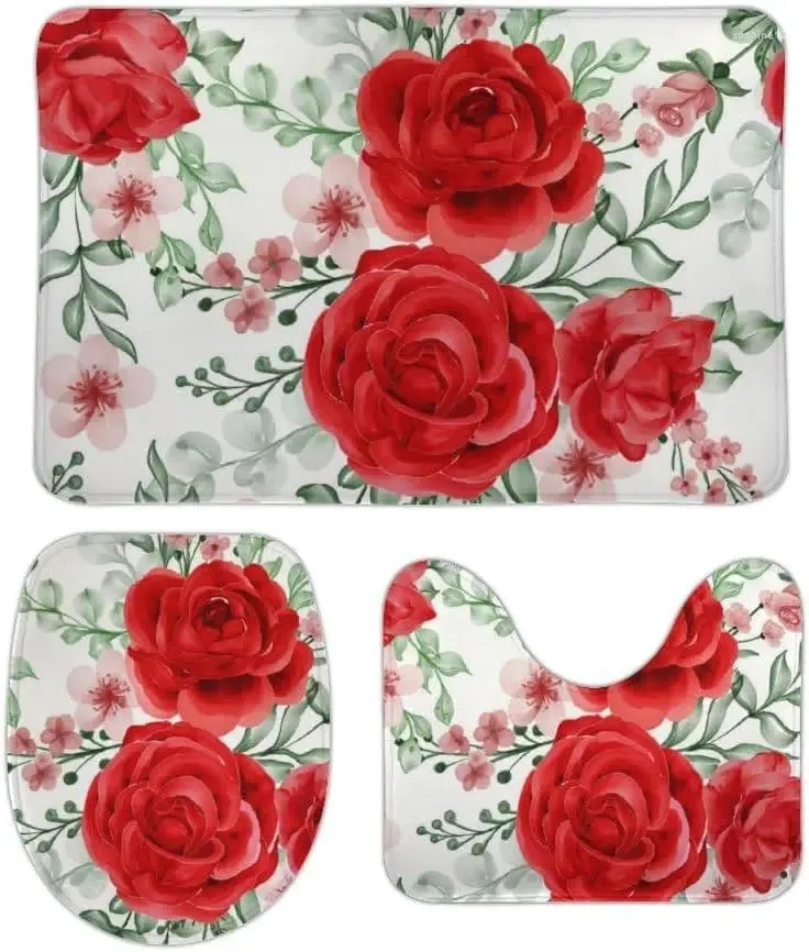 Alfombras de baño Conjunto de alfombras de baño Rosas rojas Flores florales Retro Vintage Tapa de inodoro europea Tapa de contorno en forma de U Ducha