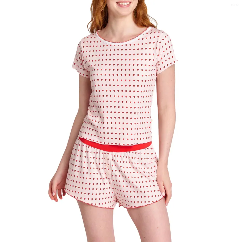 Hemkläder Kvinnors sommarpyjama sätter Sweet Loungewear Set Flower Heart Print Kort ärm T-shirt-knapp Shorts Sleepwear Pyjamas