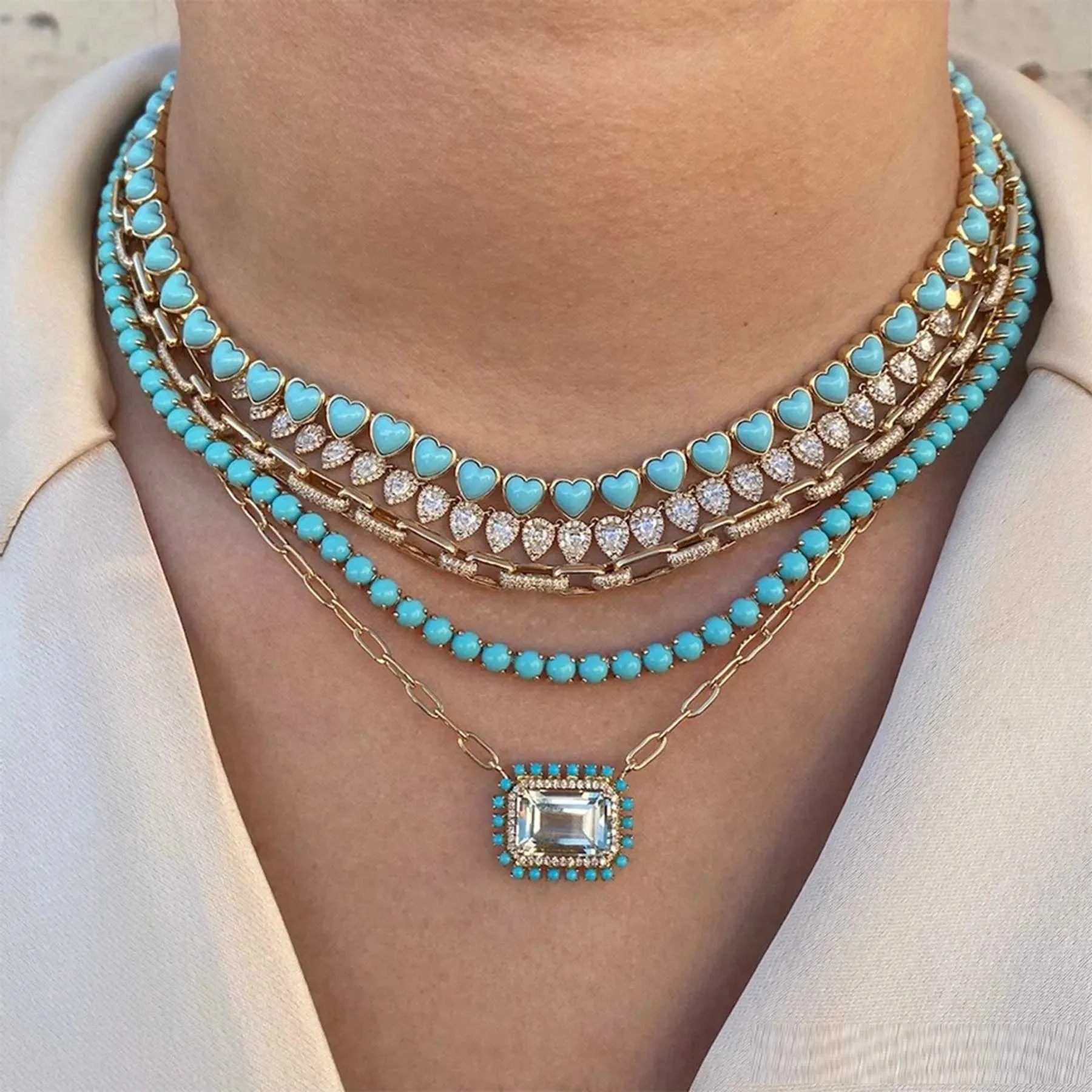 Colares de pingente 2024 verão nova cor de ouro luxo mulheres menina charme jóias em forma de coração azul turquesa pedra tênis corrente colar pulseira q240402