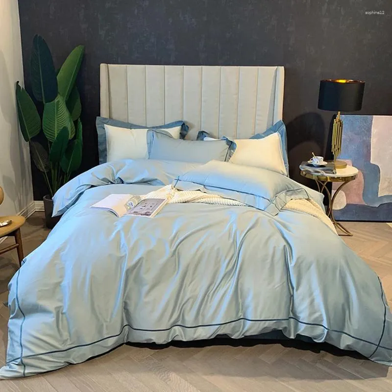 Bedding Sets 2024 Long Staple Cotton Embroidered Plain Color Four-piece Household Must Four Seasons Universal Light Blue