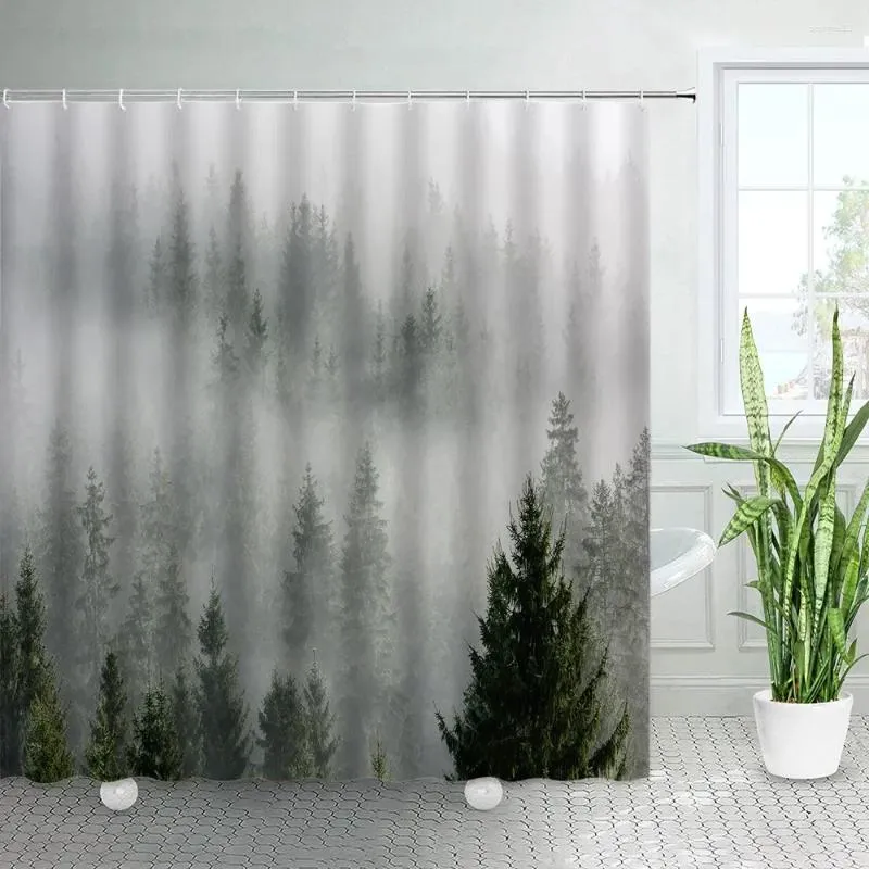 Tende da doccia Nebbia Foresta Nebbia Alberi di pino Paesaggio naturale Set di tende da bagno Tessuto in poliestere per la casa Decorazioni per il bagno con ganci