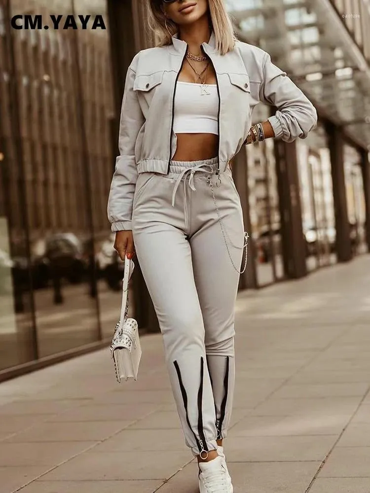 Women's Two Piece Pants CM. Fashion Set Long Sleeve Jacket And Zipper Hem Jogger 2024 Vintage 2 Sets Outfits Tracksuit