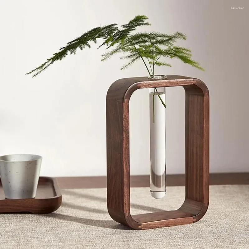 Vases Solid Wood Test Tube Vase Living Room Transparent Glass Tabletop Decoration Walnut Hydroponic Flower Device