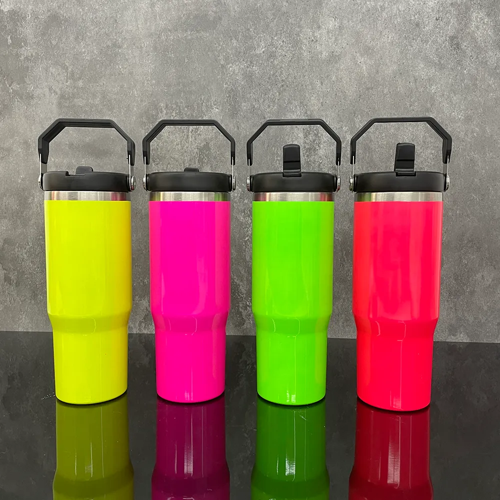 USA Warehouse Blank SubliMation Neon Colors 30oz Flip Top Strå tumbler Vattenflaska med läckobeständig vänd för sublimering Värmeöverföringstryck, säljs av fall