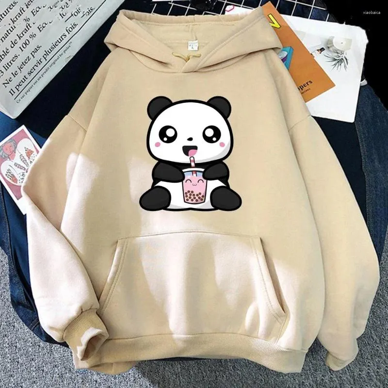 Kvinnors hoodies söta panda dricka pärlmjölkmönster tryckt tröja kawaii harajuku utomhus casual hoodie topp